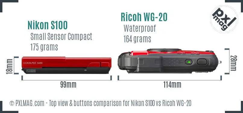 Nikon S100 vs Ricoh WG-20 top view buttons comparison