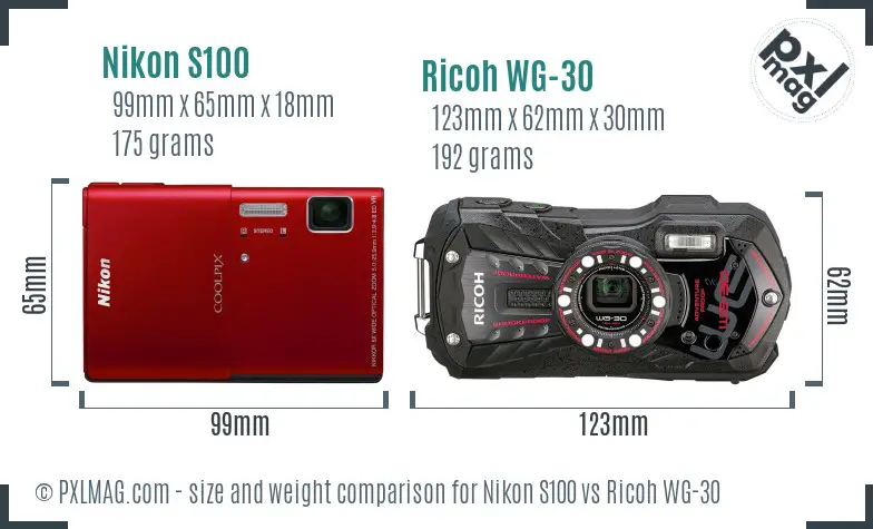 Nikon S100 vs Ricoh WG-30 size comparison