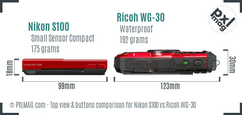 Nikon S100 vs Ricoh WG-30 top view buttons comparison