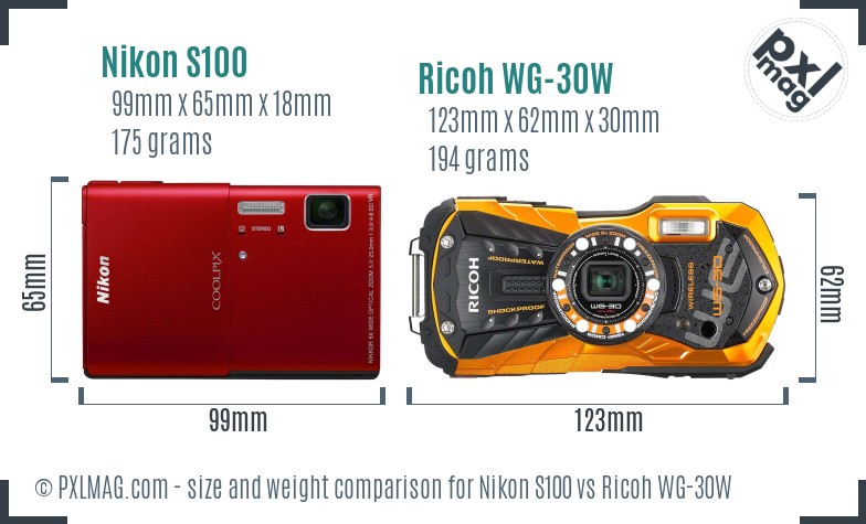 Nikon S100 vs Ricoh WG-30W size comparison