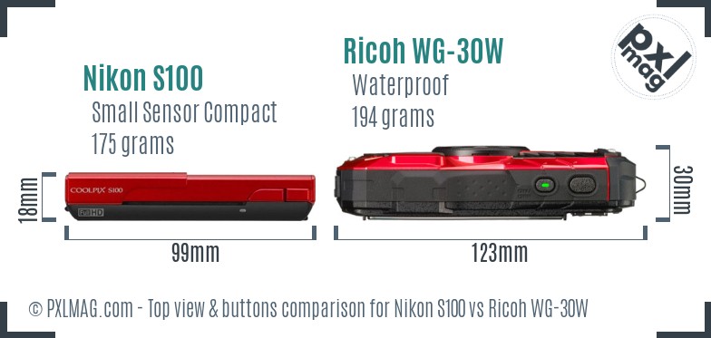 Nikon S100 vs Ricoh WG-30W top view buttons comparison