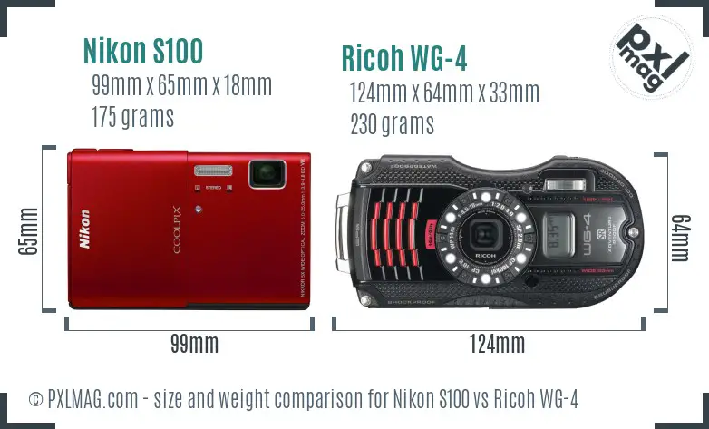 Nikon S100 vs Ricoh WG-4 size comparison