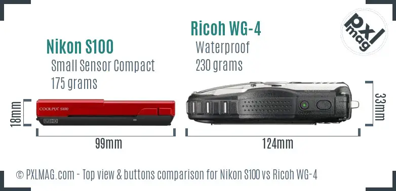 Nikon S100 vs Ricoh WG-4 top view buttons comparison