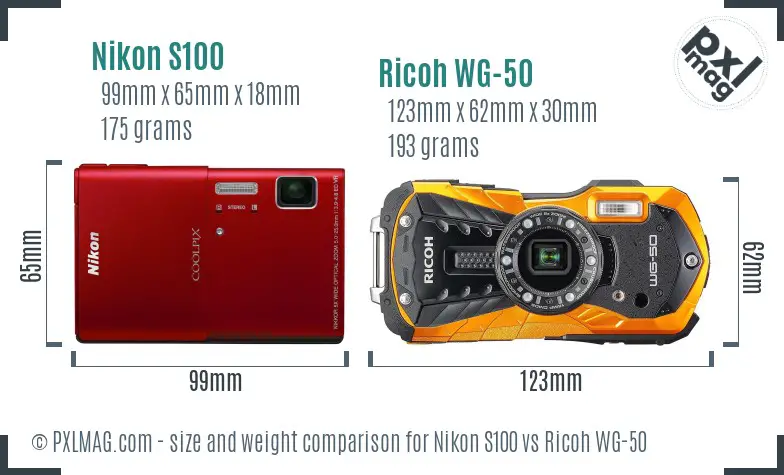 Nikon S100 vs Ricoh WG-50 size comparison