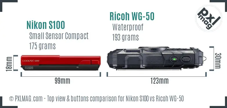 Nikon S100 vs Ricoh WG-50 top view buttons comparison