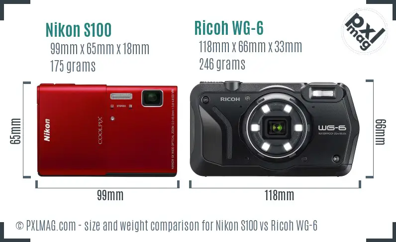 Nikon S100 vs Ricoh WG-6 size comparison