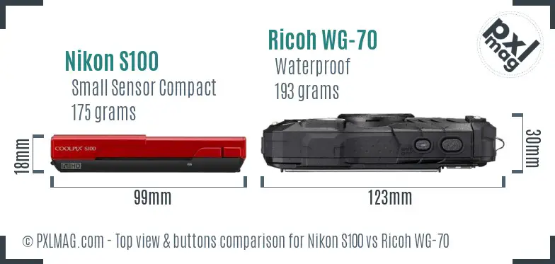 Nikon S100 vs Ricoh WG-70 top view buttons comparison