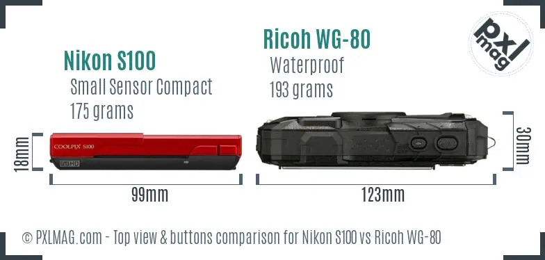 Nikon S100 vs Ricoh WG-80 top view buttons comparison Nikon S100 vs Ricoh WG-80 top view buttons comparison