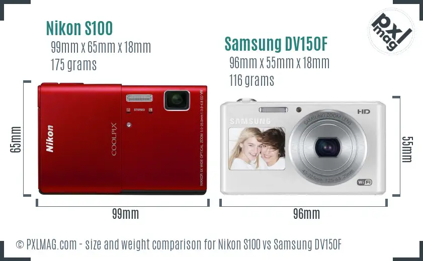Nikon S100 vs Samsung DV150F size comparison