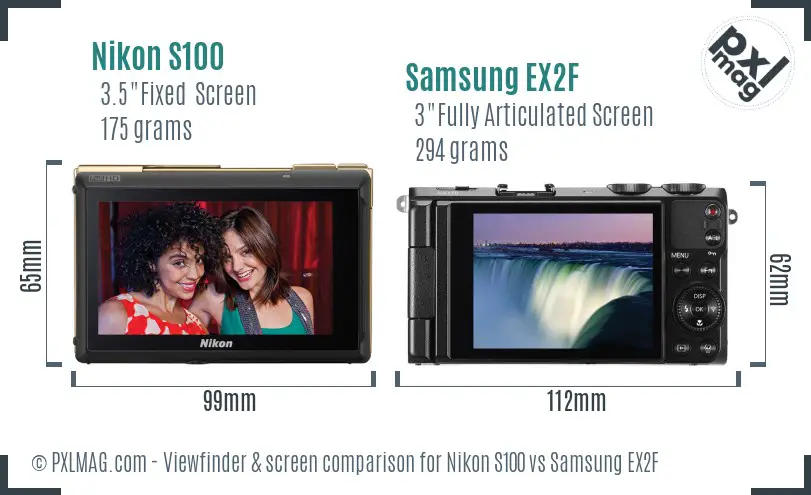 Nikon S100 vs Samsung EX2F Screen and Viewfinder comparison
