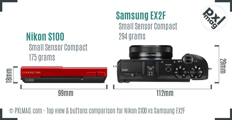 Nikon S100 vs Samsung EX2F top view buttons comparison