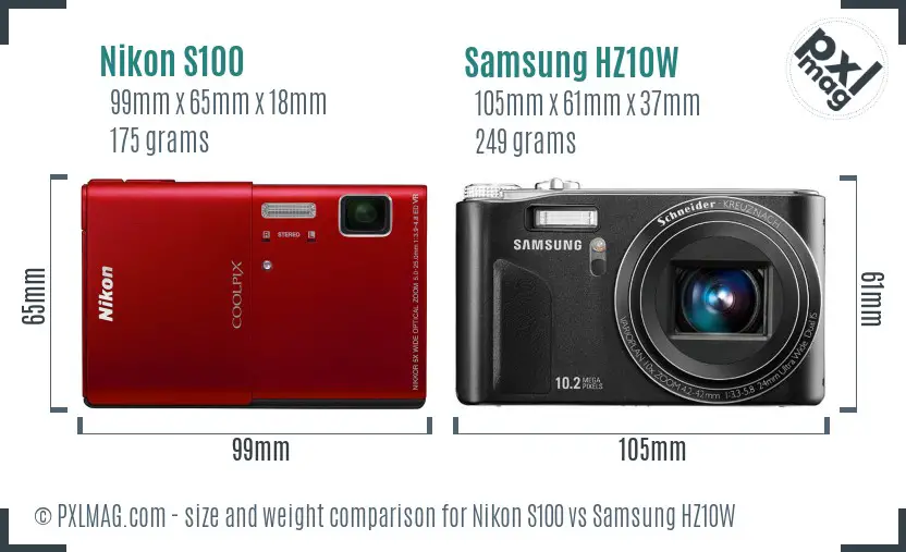 Nikon S100 vs Samsung HZ10W size comparison