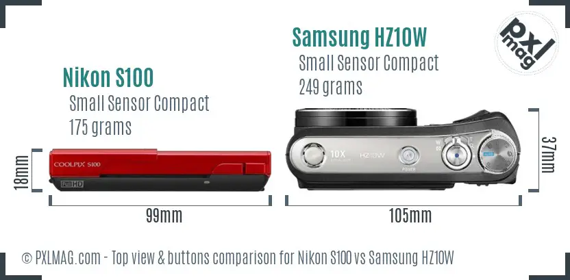 Nikon S100 vs Samsung HZ10W top view buttons comparison