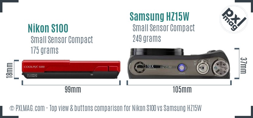 Nikon S100 vs Samsung HZ15W top view buttons comparison
