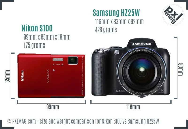 Nikon S100 vs Samsung HZ25W size comparison