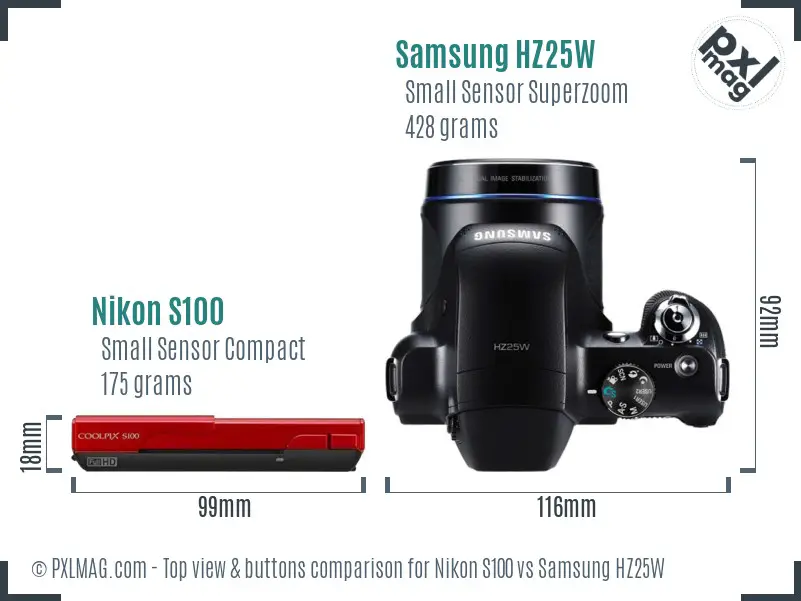 Nikon S100 vs Samsung HZ25W top view buttons comparison