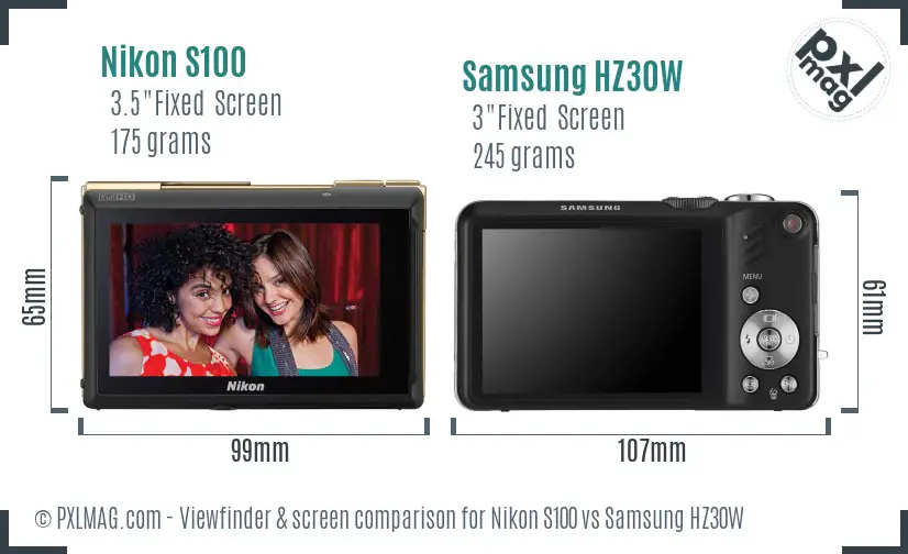 Nikon S100 vs Samsung HZ30W Screen and Viewfinder comparison