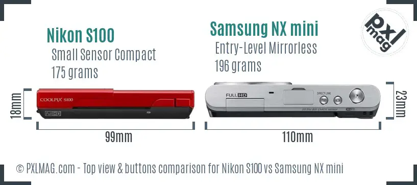 Nikon S100 vs Samsung NX mini top view buttons comparison Nikon S100 vs Samsung NX mini top view buttons comparison