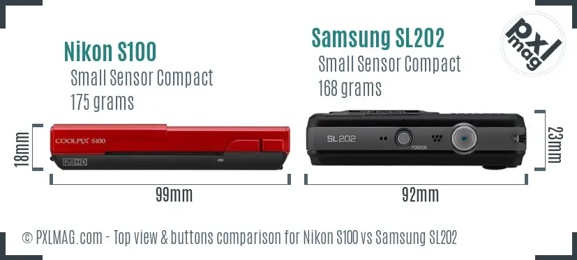 Nikon S100 vs Samsung SL202 top view buttons comparison