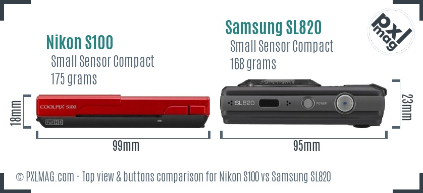 Nikon S100 vs Samsung SL820 top view buttons comparison