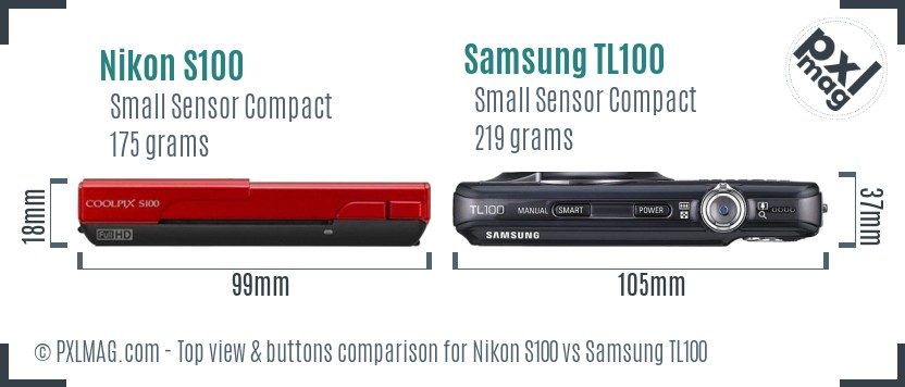 Nikon S100 vs Samsung TL100 top view buttons comparison