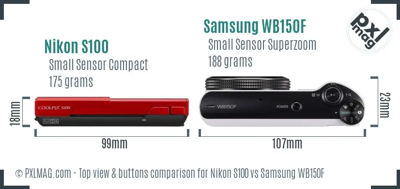 Nikon S100 vs Samsung WB150F top view buttons comparison Nikon S100 vs Samsung WB150F top view buttons comparison
