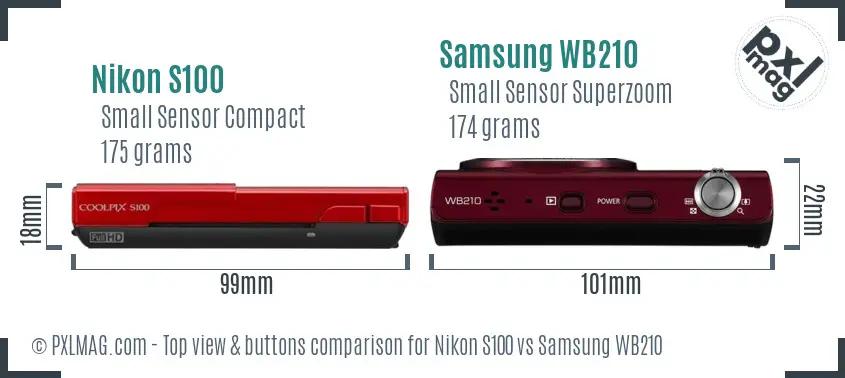 Nikon S100 vs Samsung WB210 top view buttons comparison Nikon S100 vs Samsung WB210 top view buttons comparison