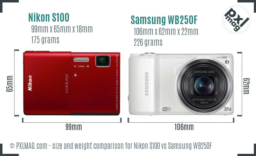 Nikon S100 vs Samsung WB250F size comparison Nikon S100 vs Samsung WB250F size comparison