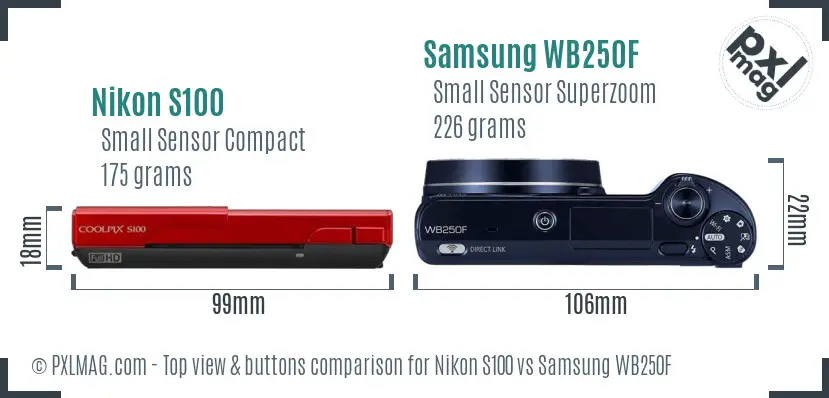 Nikon S100 vs Samsung WB250F top view buttons comparison Nikon S100 vs Samsung WB250F top view buttons comparison