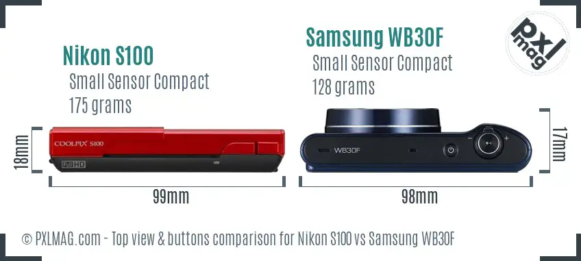 Nikon S100 vs Samsung WB30F top view buttons comparison Nikon S100 vs Samsung WB30F top view buttons comparison