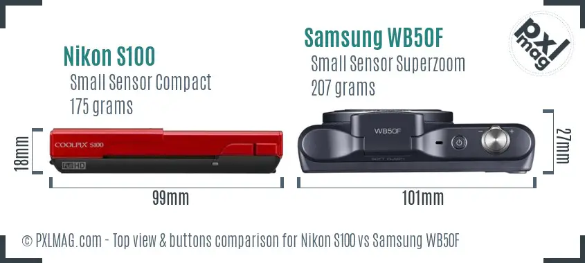 Nikon S100 vs Samsung WB50F top view buttons comparison Nikon S100 vs Samsung WB50F top view buttons comparison
