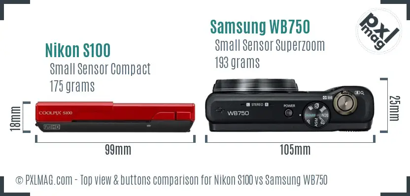 Nikon S100 vs Samsung WB750 top view buttons comparison