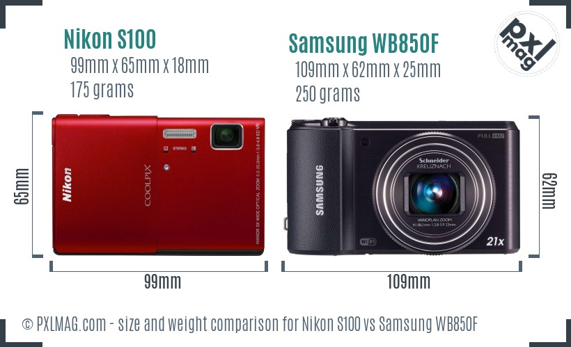 Nikon S100 vs Samsung WB850F size comparison
