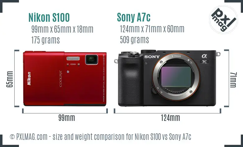 Nikon S100 vs Sony A7c size comparison