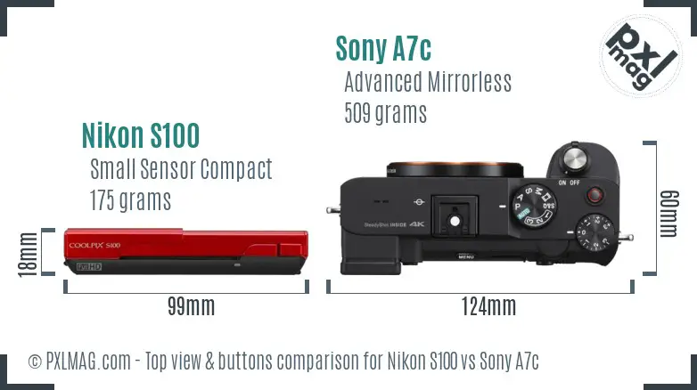 Nikon S100 vs Sony A7c top view buttons comparison