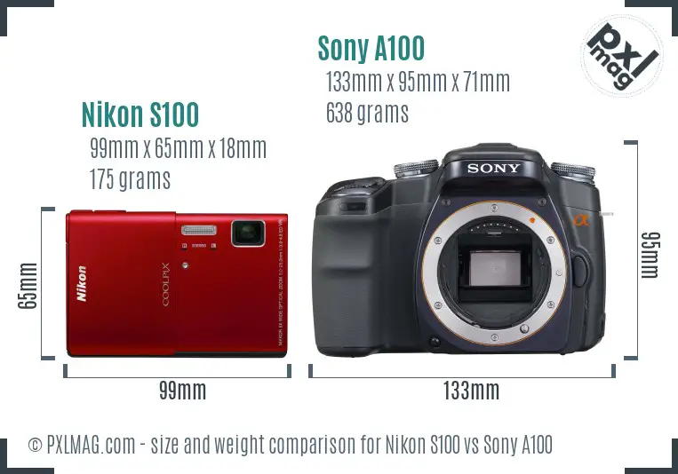 Nikon S100 vs Sony A100 size comparison
