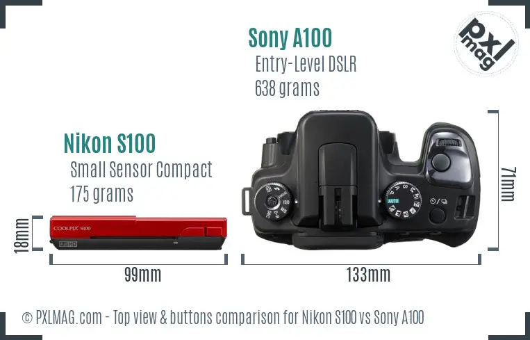Nikon S100 vs Sony A100 top view buttons comparison