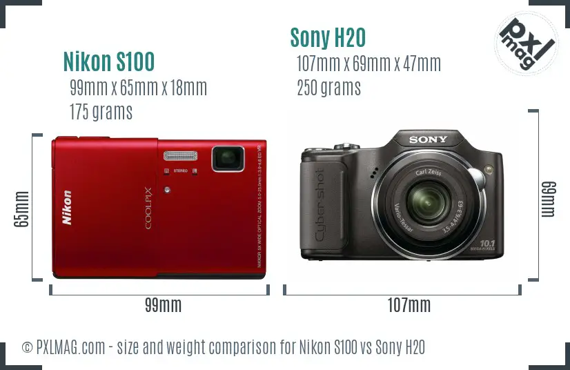 Nikon S100 vs Sony H20 size comparison