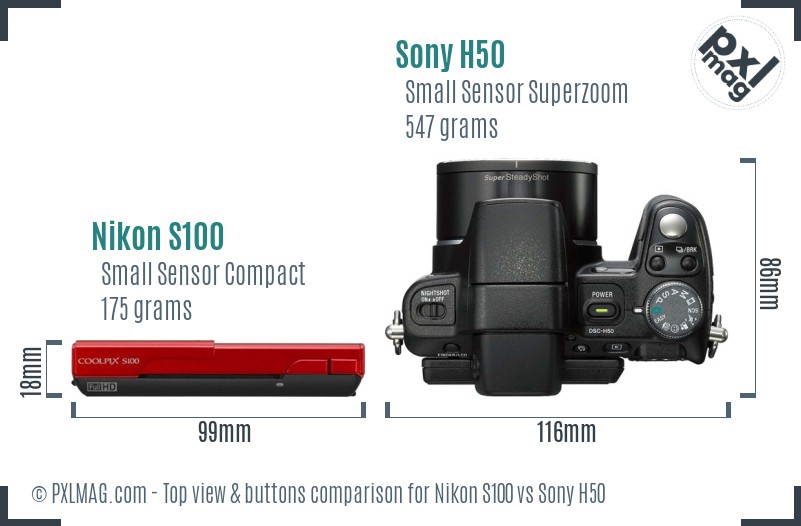 Nikon S100 vs Sony H50 top view buttons comparison