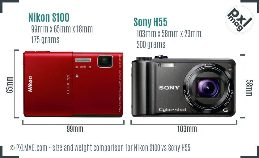 Nikon S100 vs Sony H55 size comparison