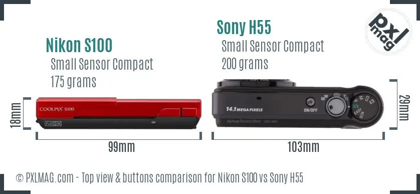 Nikon S100 vs Sony H55 top view buttons comparison