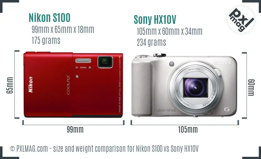 Nikon S100 vs Sony HX10V size comparison