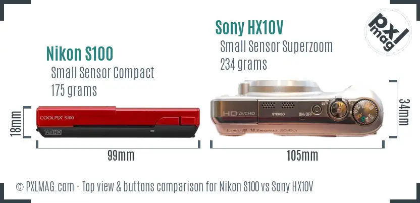 Nikon S100 vs Sony HX10V top view buttons comparison