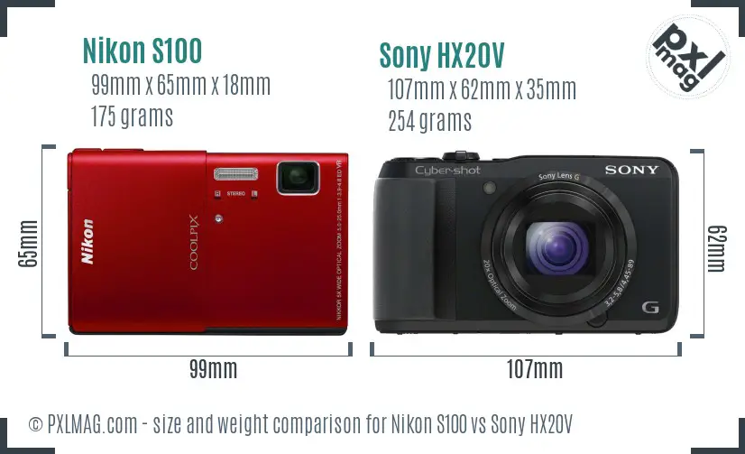 Nikon S100 vs Sony HX20V size comparison
