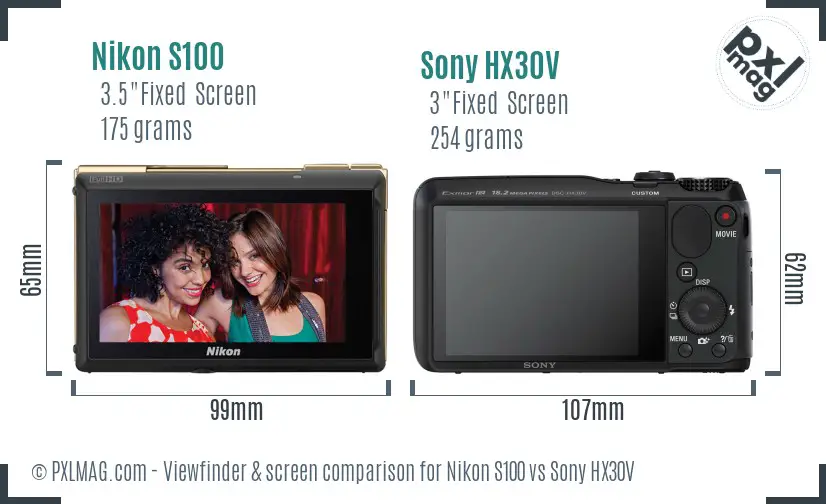 Nikon S100 vs Sony HX30V Screen and Viewfinder comparison