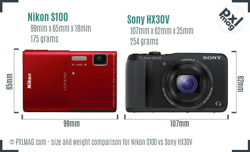 Nikon S100 vs Sony HX30V size comparison