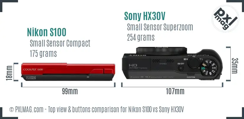 Nikon S100 vs Sony HX30V top view buttons comparison