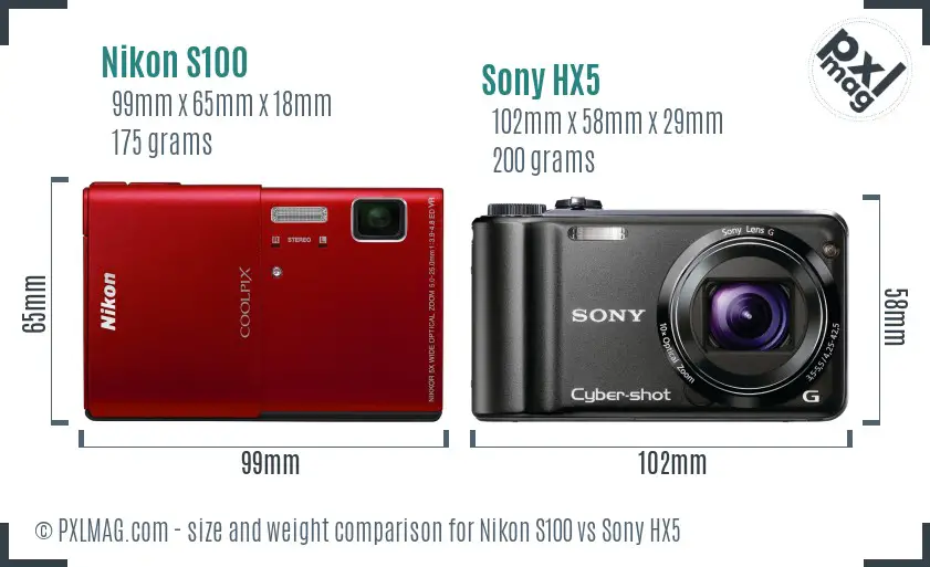 Nikon S100 vs Sony HX5 size comparison