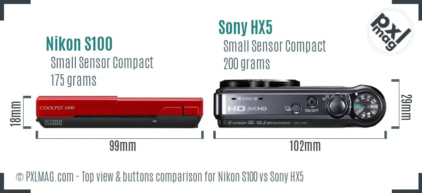 Nikon S100 vs Sony HX5 top view buttons comparison