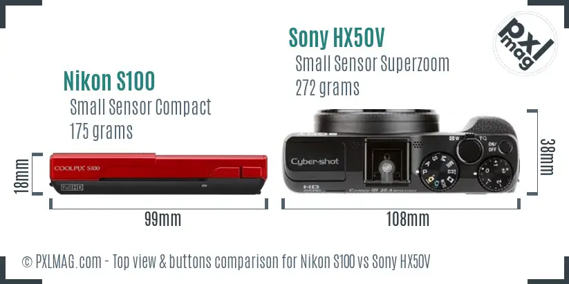 Nikon S100 vs Sony HX50V top view buttons comparison Nikon S100 vs Sony HX50V top view buttons comparison